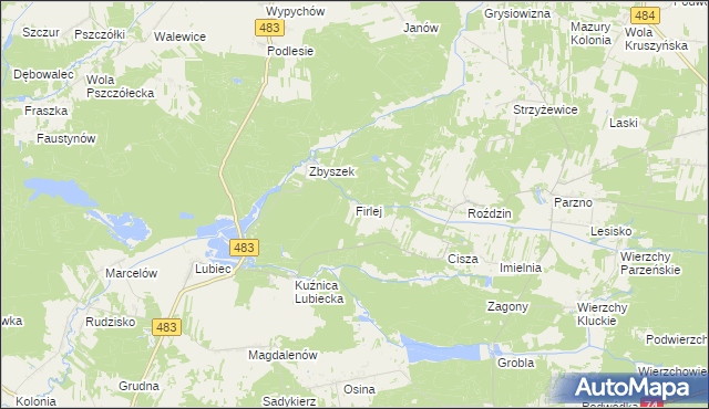 mapa Firlej gmina Szczerców, Firlej gmina Szczerców na mapie Targeo
