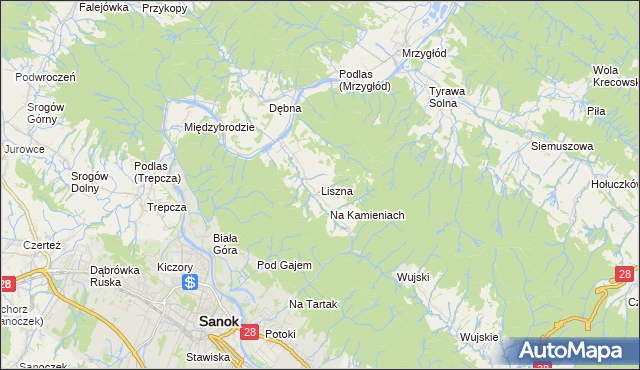 mapa Liszna gmina Sanok, Liszna gmina Sanok na mapie Targeo