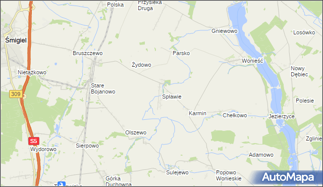 mapa Spławie gmina Śmigiel, Spławie gmina Śmigiel na mapie Targeo