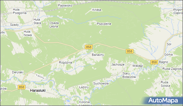 mapa Banachy gmina Harasiuki, Banachy gmina Harasiuki na mapie Targeo