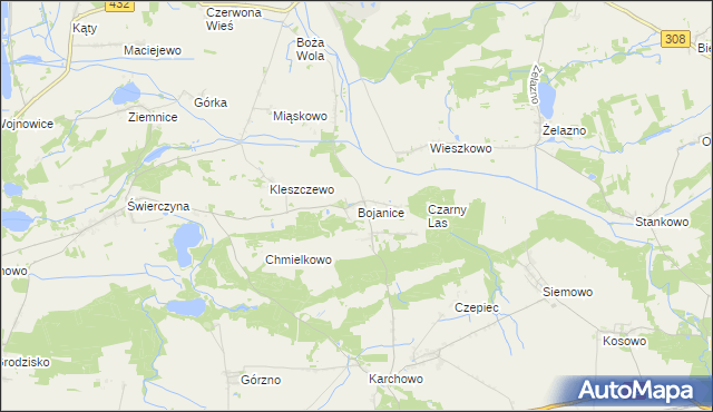 mapa Bojanice gmina Krzemieniewo, Bojanice gmina Krzemieniewo na mapie Targeo