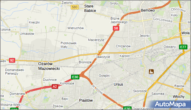 mapa Jawczyce gmina Ożarów Mazowiecki, Jawczyce gmina Ożarów Mazowiecki na mapie Targeo