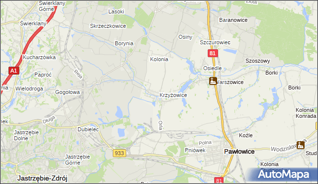 mapa Krzyżowice gmina Pawłowice, Krzyżowice gmina Pawłowice na mapie Targeo
