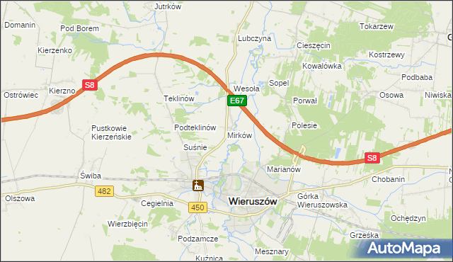 mapa Mirków gmina Wieruszów, Mirków gmina Wieruszów na mapie Targeo