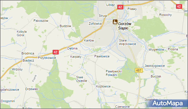 mapa Pawłowice gmina Gorzów Śląski, Pawłowice gmina Gorzów Śląski na mapie Targeo