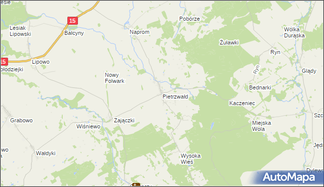 mapa Pietrzwałd gmina Ostróda, Pietrzwałd gmina Ostróda na mapie Targeo