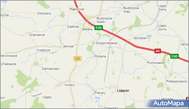 mapa Różana gmina Udanin, Różana gmina Udanin na mapie Targeo