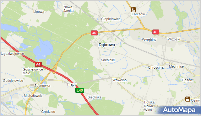 mapa Sokolniki gmina Dąbrowa, Sokolniki gmina Dąbrowa na mapie Targeo