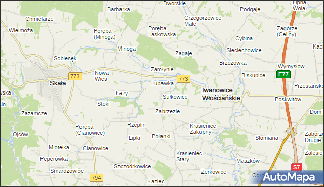 mapa Sułkowice gmina Iwanowice, Sułkowice gmina Iwanowice na mapie Targeo