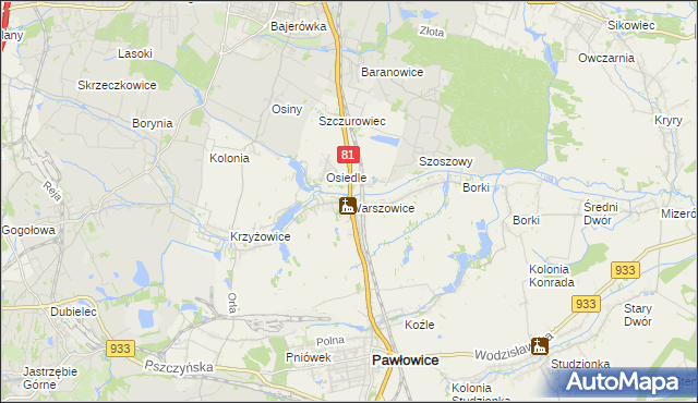 mapa Warszowice, Warszowice na mapie Targeo