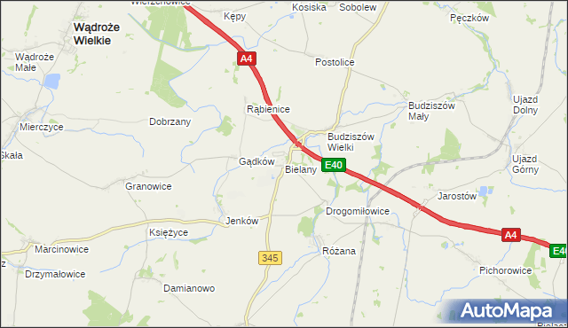 mapa Bielany gmina Wądroże Wielkie, Bielany gmina Wądroże Wielkie na mapie Targeo