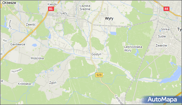 mapa Gostyń gmina Wyry, Gostyń gmina Wyry na mapie Targeo