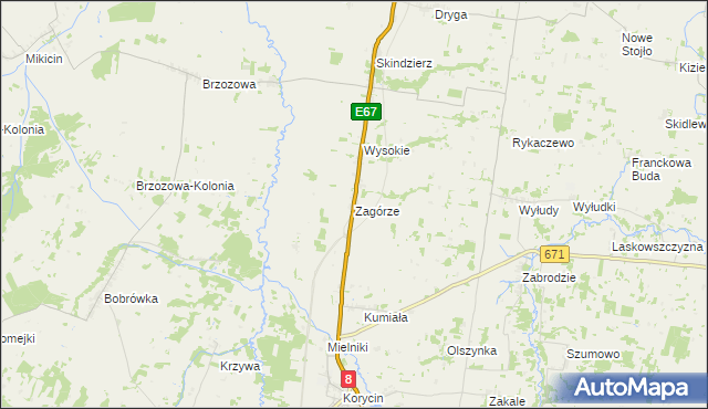 mapa Zagórze gmina Korycin, Zagórze gmina Korycin na mapie Targeo