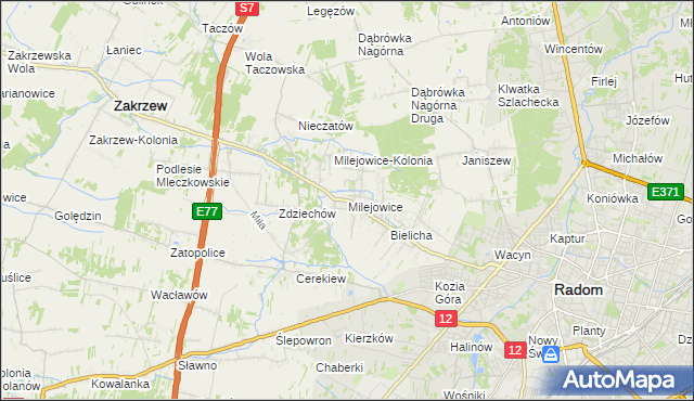 mapa Milejowice gmina Zakrzew, Milejowice gmina Zakrzew na mapie Targeo