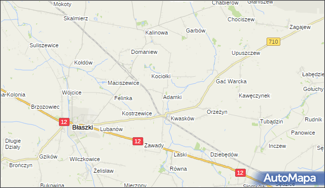 mapa Adamki gmina Błaszki, Adamki gmina Błaszki na mapie Targeo