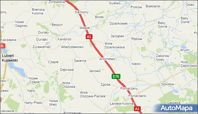 mapa Antoniewo gmina Lubień Kujawski, Antoniewo gmina Lubień Kujawski na mapie Targeo