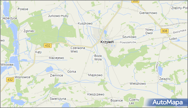 mapa Boża Wola gmina Krzywiń, Boża Wola gmina Krzywiń na mapie Targeo