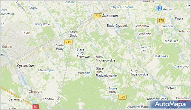 mapa Budy Michałowskie gmina Jaktorów, Budy Michałowskie gmina Jaktorów na mapie Targeo
