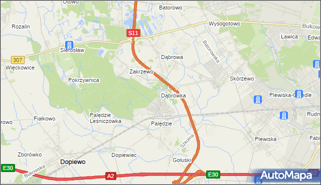 mapa Dąbrówka gmina Dopiewo, Dąbrówka gmina Dopiewo na mapie Targeo