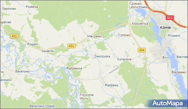 mapa Dworzyska gmina Kórnik, Dworzyska gmina Kórnik na mapie Targeo
