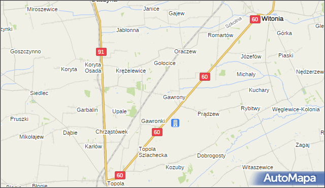 mapa Gawrony gmina Łęczyca, Gawrony gmina Łęczyca na mapie Targeo