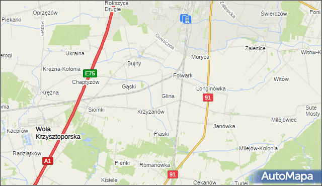 mapa Glina gmina Wola Krzysztoporska, Glina gmina Wola Krzysztoporska na mapie Targeo