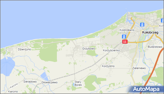 mapa Grzybowo gmina Kołobrzeg, Grzybowo gmina Kołobrzeg na mapie Targeo