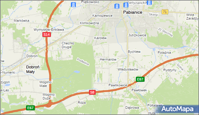 mapa Hermanów gmina Pabianice, Hermanów gmina Pabianice na mapie Targeo