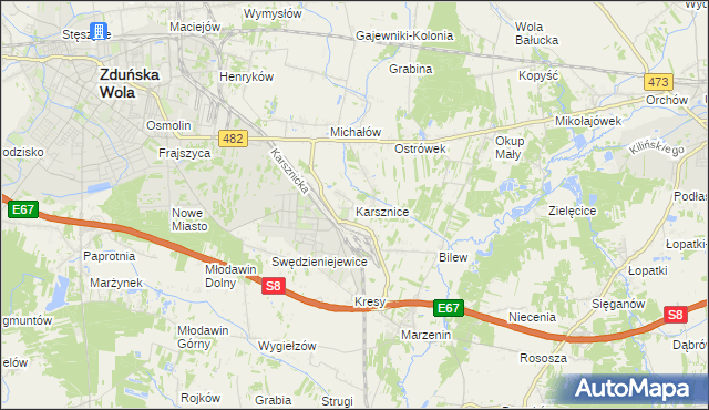 mapa Karsznice gmina Zduńska Wola, Karsznice gmina Zduńska Wola na mapie Targeo