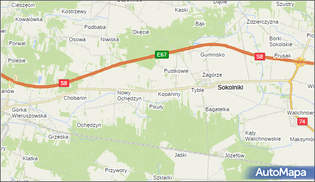 mapa Kopaniny gmina Sokolniki, Kopaniny gmina Sokolniki na mapie Targeo