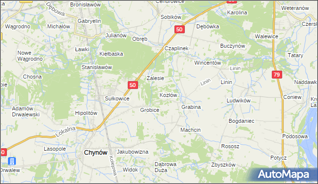 mapa Kozłów gmina Chynów, Kozłów gmina Chynów na mapie Targeo