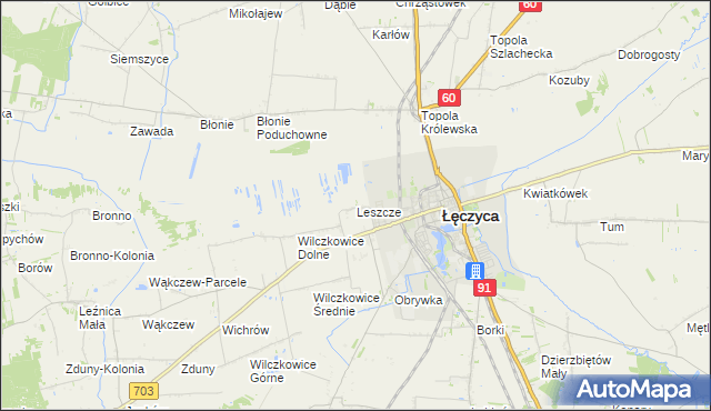 mapa Leszcze gmina Łęczyca, Leszcze gmina Łęczyca na mapie Targeo