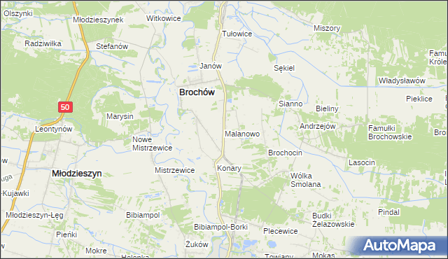 mapa Malanowo gmina Brochów, Malanowo gmina Brochów na mapie Targeo