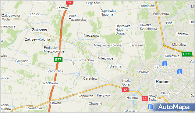 mapa Milejowice gmina Zakrzew, Milejowice gmina Zakrzew na mapie Targeo