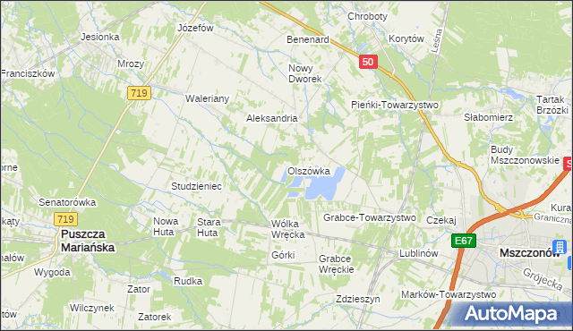 mapa Olszówka gmina Mszczonów, Olszówka gmina Mszczonów na mapie Targeo