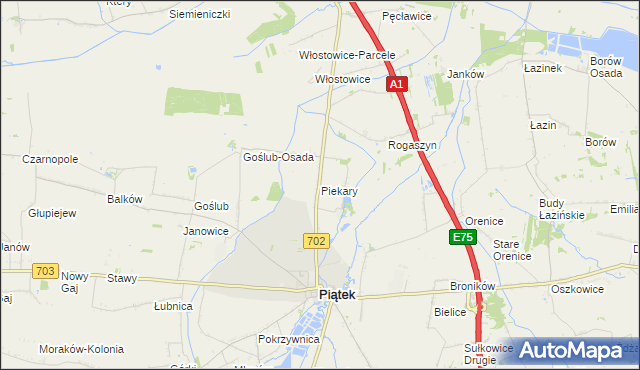 mapa Piekary gmina Piątek, Piekary gmina Piątek na mapie Targeo