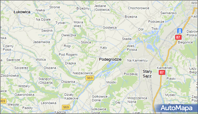 mapa Podegrodzie powiat nowosądecki, Podegrodzie powiat nowosądecki na mapie Targeo