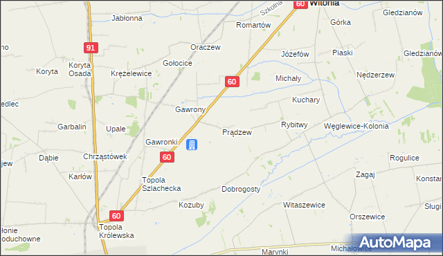 mapa Prądzew gmina Łęczyca, Prądzew gmina Łęczyca na mapie Targeo