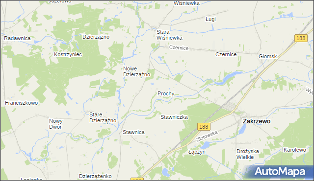 mapa Prochy gmina Zakrzewo, Prochy gmina Zakrzewo na mapie Targeo