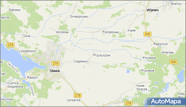 mapa Przybyszów gmina Sława, Przybyszów gmina Sława na mapie Targeo