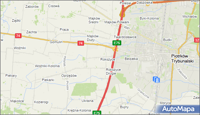 mapa Rokszyce gmina Wola Krzysztoporska, Rokszyce gmina Wola Krzysztoporska na mapie Targeo