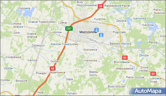 mapa Sosnowica gmina Mszczonów, Sosnowica gmina Mszczonów na mapie Targeo