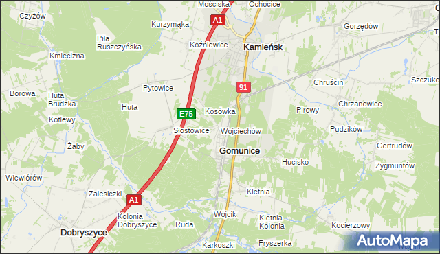 mapa Wojciechów gmina Gomunice, Wojciechów gmina Gomunice na mapie Targeo