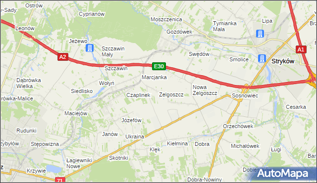 mapa Zelgoszcz gmina Stryków, Zelgoszcz gmina Stryków na mapie Targeo