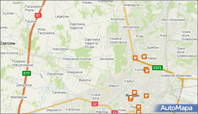 mapa Janiszew gmina Zakrzew, Janiszew gmina Zakrzew na mapie Targeo