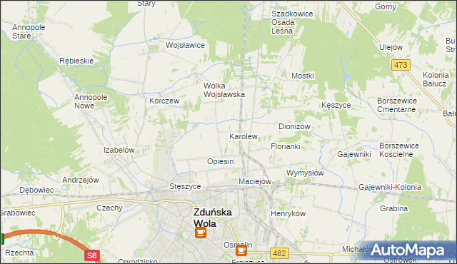 mapa Karolew gmina Zduńska Wola, Karolew gmina Zduńska Wola na mapie Targeo