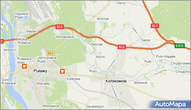 mapa Młynki gmina Końskowola, Młynki gmina Końskowola na mapie Targeo
