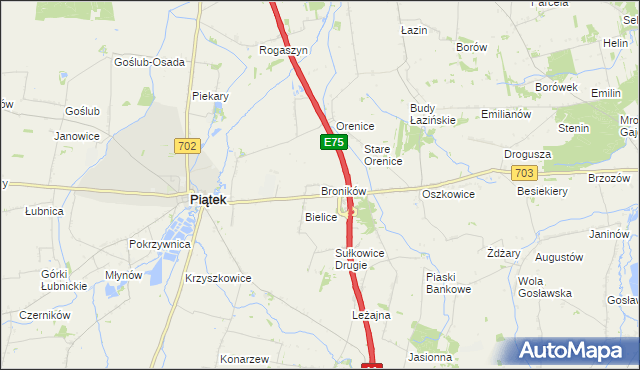 mapa Broników gmina Piątek, Broników gmina Piątek na mapie Targeo