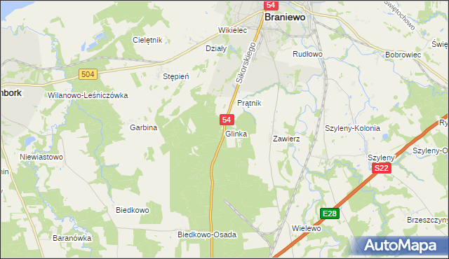 mapa Glinka gmina Braniewo, Glinka gmina Braniewo na mapie Targeo