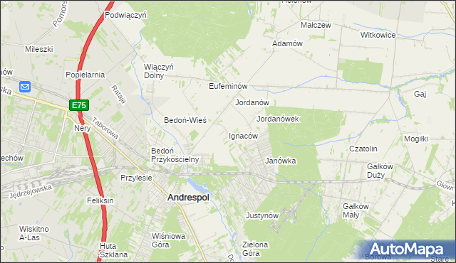 mapa Ignaców gmina Brzeziny, Ignaców gmina Brzeziny na mapie Targeo